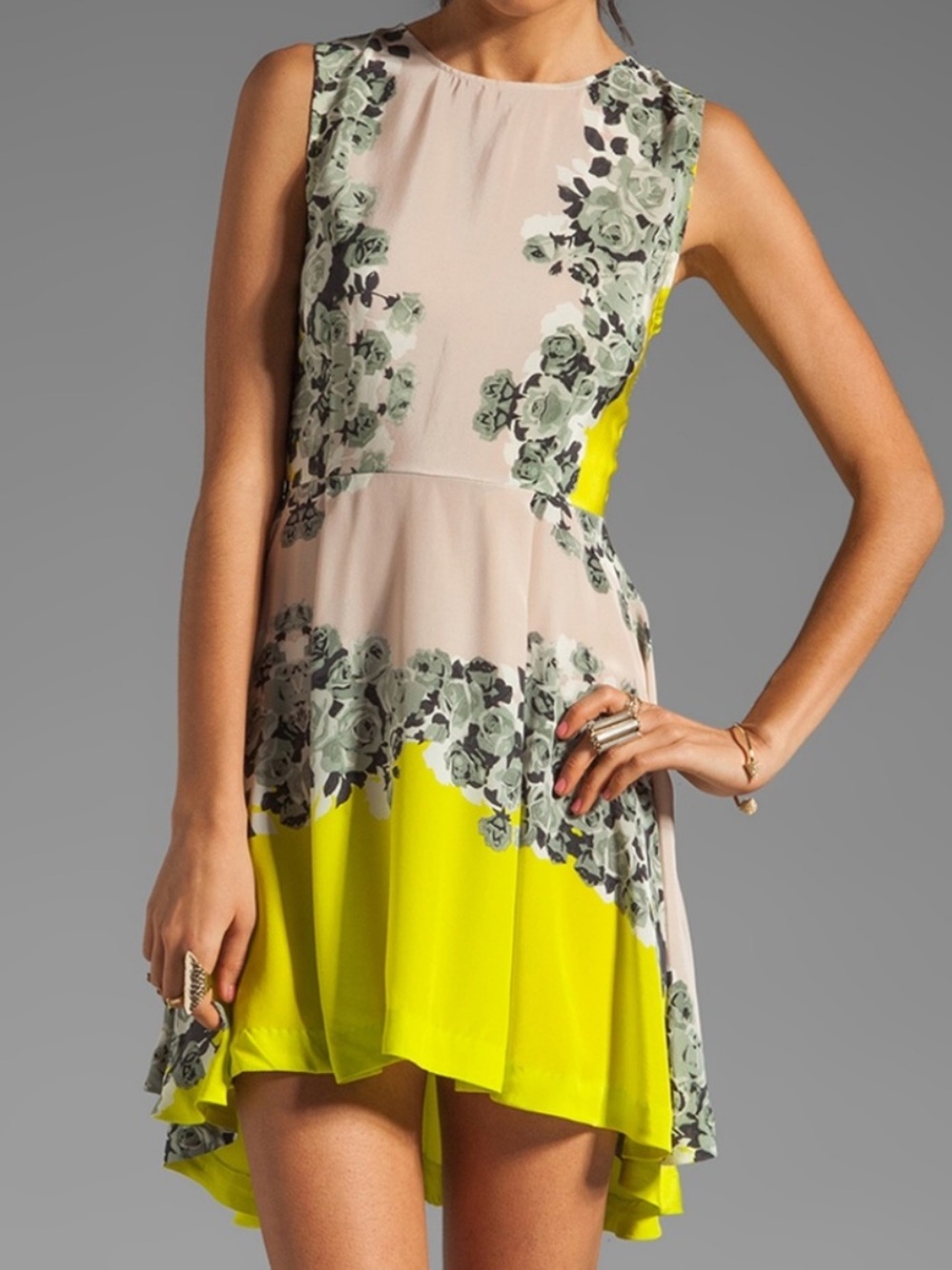 Free People | Shakuhachi | Neon Yellow & Cream Floral High-Low Dress